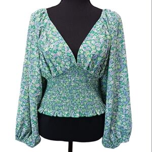 ACOA Smocked Plunge Blouse Floral